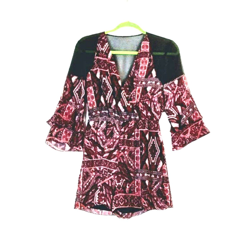 BCBG Romper Women's XS Long Flutter Sleeve Crepe Pull On Lined Burgundy
